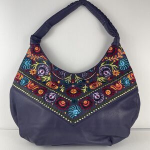 ISABELLA FIORE embroidered Purple genuine pebbled leather Rachel Hobo bag